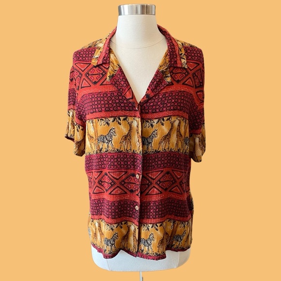 Vintage Animal Tribal Safari Print Short Sleeve Button Down Top - Picture 1 of 8